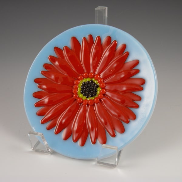 Gerbera Daisy Plate, Handmade Fused Glass Round Orange Red Flower Bloom Dish