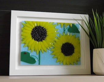 Sunflowers with Ladybug Fused Glass Art Piece, Handmade Wall Hanging or Shelf Display Mounted in White Wood Frame