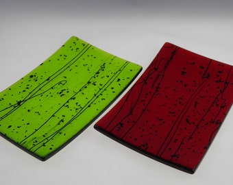 Set of Two Holiday Plates, Bright Green and Cherry Red Handmade Fused Glass Small Rectangular Christmas Plates