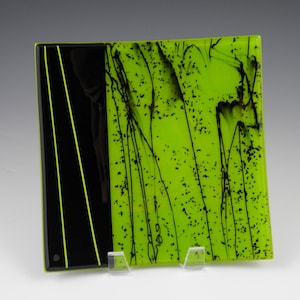 Bright Green and Black Abstract Plate, Square Handmade Fused Glass Platter