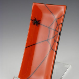 Fused Glass Spider Web Dish, Rectangular Orange and Black Handmade Halloween Decoration