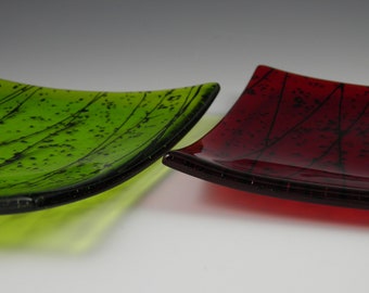 Set of Two Square Holiday Plates, Bright Green and Cherry Red Handmade Fused Glass Christmas Plates