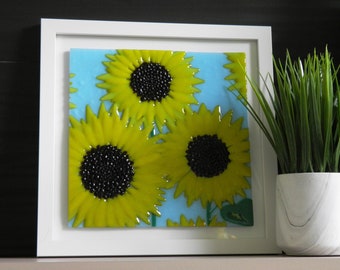 Sunflowers Fused Glass Art Piece, Handmade Wall Hanging or Shelf Display Mounted in White Wood Frame