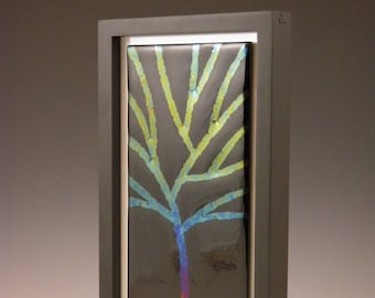 Fused Glass Rainbow Iridescent Tree Wall Hanging Art Piece Mounted in Black Wood Frame