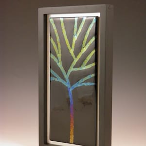 Fused Glass Rainbow Iridescent Tree Wall Hanging Art Piece Mounted in Black Wood Frame
