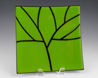 Bright Green Square Plate with Black Tree, Handmade Fused Glass