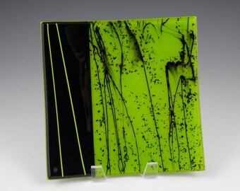 Bright Green and Black Abstract Plate, Square Handmade Fused Glass Platter