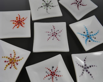 Small Square Fused Glass Starfish Dish, White with Multicolored Flower-Like Sea Star Inspired Design