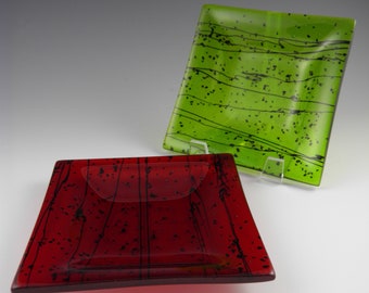 Set of Two Square Holiday Dishes, Cherry Red and Bright Green Handmade Fused Glass Christmas Decor