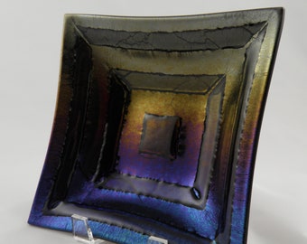 Iridescent Rainbow Fused Glass Square Bowl with Concentric Squares