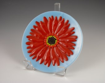 Gerbera Daisy Plate, Handmade Fused Glass Round Orange Red Flower Bloom Dish