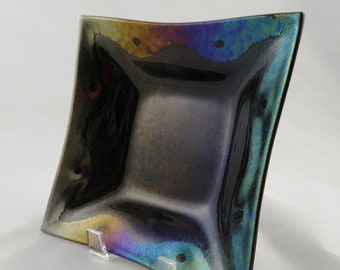 Iridescent Rainbow Fused Glass Square Bowl with Organic Wave-Like Design