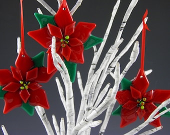 Red Poinsettia Flower Ornament, Handmade Fused Glass Christmas Holiday Decoration