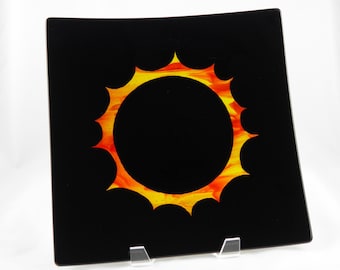 Solar Eclipse Platter of Sun’s Corona around Black Moon, Square Handmade Fused Glass Plate, Great North American Total Solar Eclipse