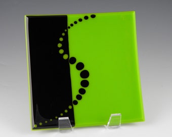 Bright Green and Black Plate with Gemline Accent, Square Handmade Fused Glass