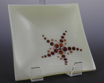 Small Square Fused Glass Starfish Dish, Cream with Brown and Coral Flower-Like Sea Star Inspired Design