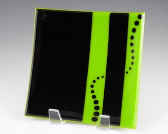 Black and Bright Green Striped Plate with Black Gemline Accent, Square Handmade Fused Glass