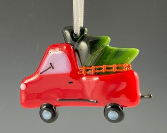 Red Christmas Truck Ornament, Handmade Fused Glass Holiday Decoration