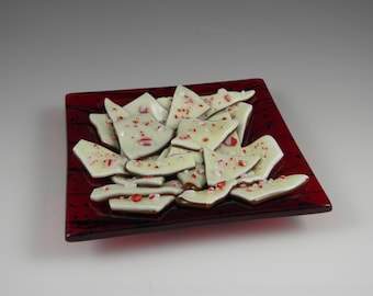 Red Candy Dish of Peppermint Bark Pieces, Handmade Fused Glass Christmas Holiday Decoration