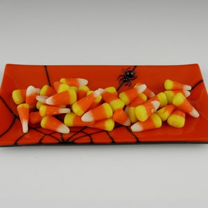 Fused Glass Spider Web Dish, Rectangular Orange and Black Handmade Halloween Decoration