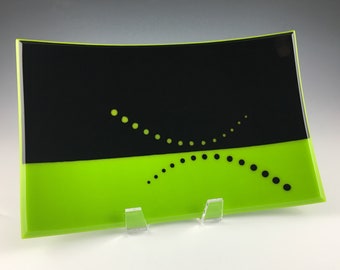 Black and Bright Green Plate with Gemline Accents, Rectangular Handmade Fused Glass