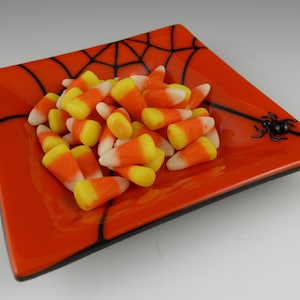 Fused Glass Spider Web Dish, Square Orange and Black Handmade Halloween Decoration