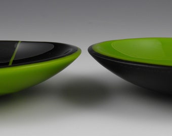 Set of Two Round Bright Green and Black Handmade Fused Glass Wobble Bowls