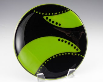Black and Bright Green Plate with Accents, Round Handmade Fused Glass Dish
