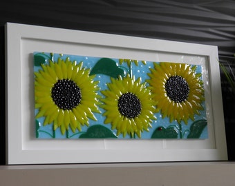 Sunflowers with Ladybug Fused Glass Art Piece, Handmade Wall Hanging or Shelf Display Mounted in White Wood Frame