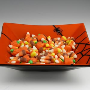 Fused Glass Spider Web Bowl, Square Orange and Black Handmade Halloween Decoration
