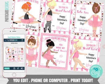Ballerina Valentine Card, Valentine Card, Dancer Valentine, School Valentine, Ballerina Valentines, Digital Editable Template Download