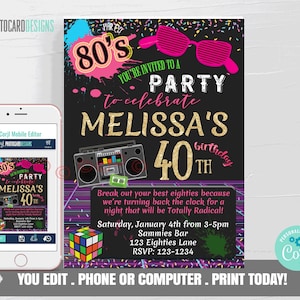80 Birthday Invitation, 80s Theme Invitation, 80s Invitation, Back to the 80s, Neon Party, 40th Birthday Party Invitation, 50th Invitation
