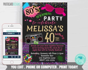 80 Birthday Invitation, 80s Theme Invitation, 80s Invitation, Back to the 80s, Neon Party, 40th Birthday Party Invitation, 50th Invitation