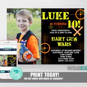 Dart Gun Invitation, Form Dart War Invitation, Photo Invitation, Camo Boy Military Gun Party, Digital Editable Template Printable Download image 1