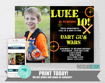Dart Gun Invitation, Form Dart War Invitation, Photo Invitation, Camo Boy Military Gun Party, Digital Editable Template Printable Download