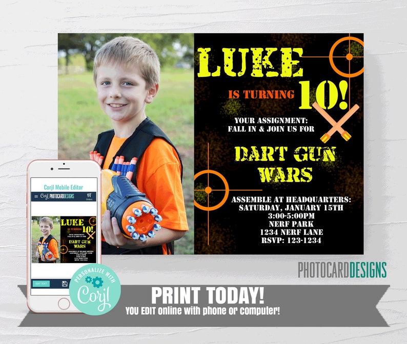 Dart Gun Invitation, Form Dart War Invitation, Photo Invitation, Camo Boy Military Gun Party, Digital Editable Template Printable Download image 1