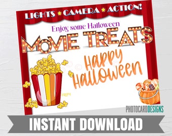 Etiqueta de película de Halloween, etiqueta para cesta de dulces de película de Halloween, etiqueta para palomitas de maíz de Halloween, etiqueta de regalo de Halloween para profesores, etiqueta de Halloween para niños, película navideña
