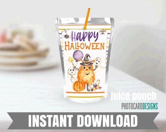 Etiquetas para bolsitas de jugo con temática de monstruos de Halloween, recuerdo para fiestas espeluznantes (descarga digital)