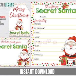 Puede incluir: Un conjunto de cuestionario de amigo invisible navide&ntilde;o que incluye un formulario rectangular grande, una tarjeta de notas rectangular peque&ntilde;a y una etiqueta de regalo. Cada art&iacute;culo muestra un Santa Claus y puntos rojos y verdes.