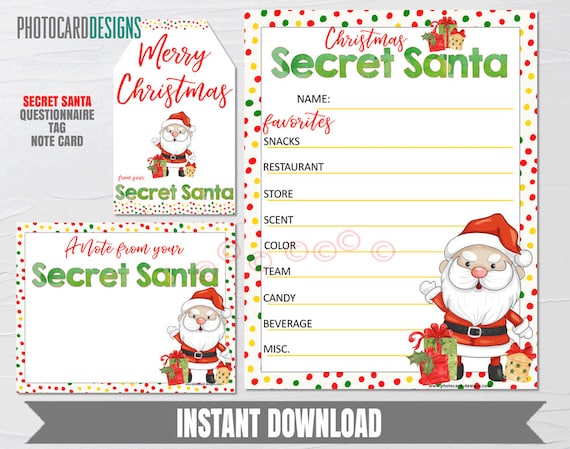 Secret Santa Questionnaire, Secret Santa Tag, Secret Santa Note Card, Christmas Gift Exchange, Secret Santa for Adults Secret Santa for Kids