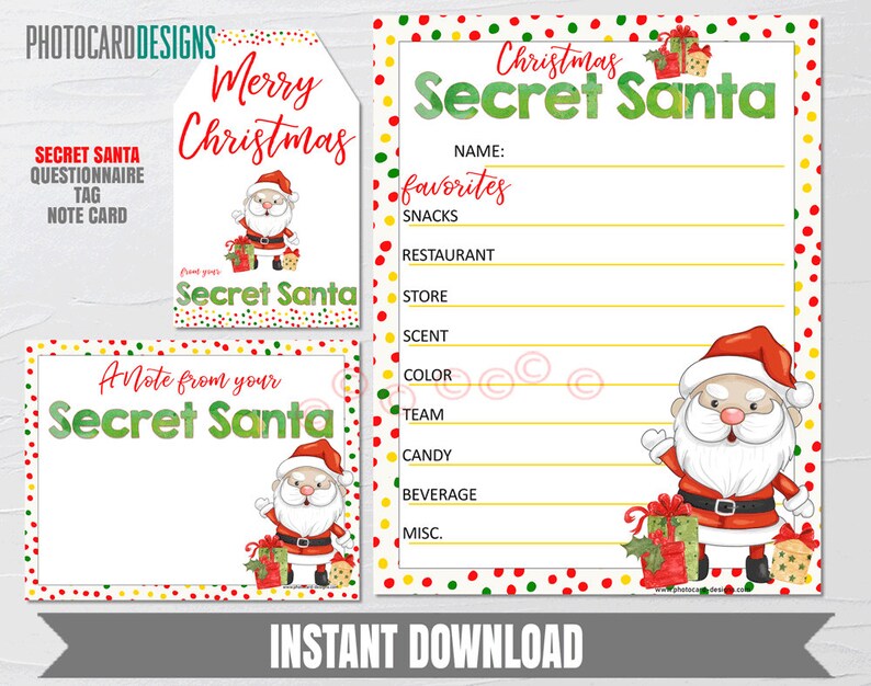 Puede incluir: Un conjunto de cuestionario de amigo invisible navide&ntilde;o que incluye un formulario rectangular grande, una tarjeta de notas rectangular peque&ntilde;a y una etiqueta de regalo. Cada art&iacute;culo muestra un Santa Claus y puntos rojos y verdes.