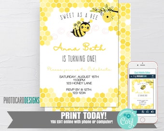 Bee Birthday Invitation, 1st Birthday Invitation, Bee Invitation, Honey Bee, Bee Amazing Party, Digital Editable Template, Text Invitation