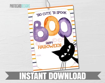 Etiqueta "Demasiado lindo para asustar", Etiqueta de Halloween de gato negro, Etiqueta de regalo de Halloween de gato, Etiqueta de Halloween para compañeros de clase, Etiqueta de Halloween sin dulces, Preescolar
