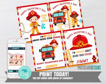 Fireman Valentine, FireTruck Valentines, Fireman Valentine Cards, Boy Valentines, School Valentines, Fire Fighter, Digital Editable Template