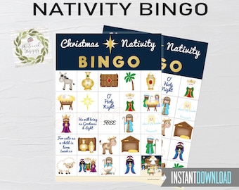 May include: Two Christmas Nativity Bingo cards with a navy blue background and gold lettering. The cards feature illustrations of the Nativity scene, including the baby Jesus, Mary, Joseph, and the Three Wise Men. The text "NATIVITY BINGO" is at the top.