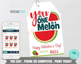 Melon Valentine, Watermelon Valentine Tag, Girl Valentines,  You are One in a Melon Valentine, School Valentines, Digital Editable Template