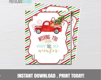Red Truck Christmas Gift Tag, Cozy Toes Nail Polish Sock Tag (Digital Download)