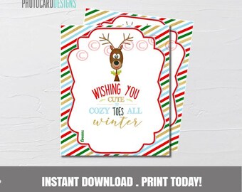 Reindeer Christmas Gift Tag, Cozy Toes Nail Polish Sock Tag (Instant Download)