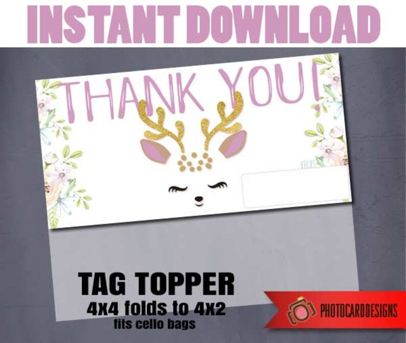 Thank you Tag Deer Face Party Printable Deer Face Tag Topper Cute Deer Digital Birthday INsTANT DoWNLOAD Deer Face Party Favor Tag