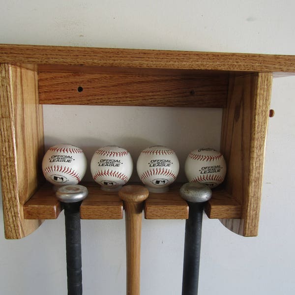 Decorative Oak Wall Shelf with Baseball Bat Rack- Display trophies,pictures, 3 bats and more